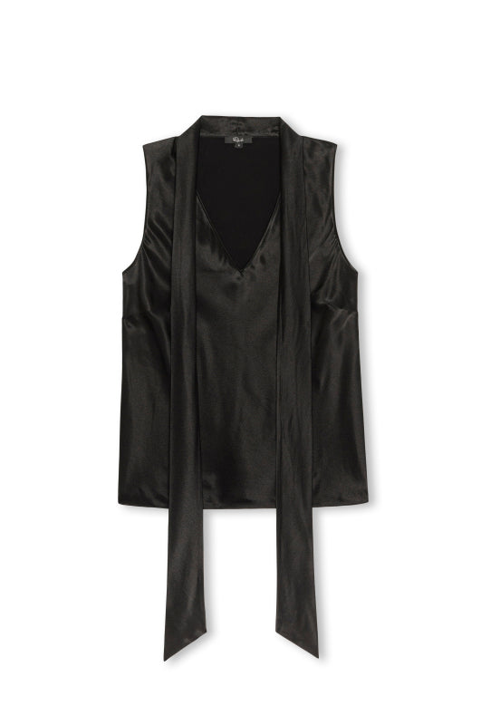 A black satin sleeveless wrap vest with a V-neckline and long tie-front panels, displayed against a plain white background.