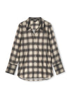A long-sleeve button-up shirt with a soft, slightly sheer plaid pattern in beige and dark gray, shown against a plain white background.