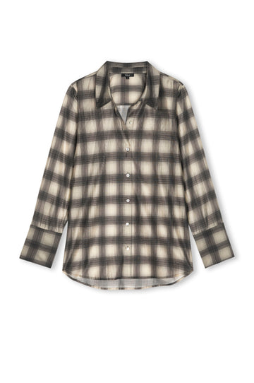 A long-sleeve button-up shirt with a soft, slightly sheer plaid pattern in beige and dark gray, shown against a plain white background.