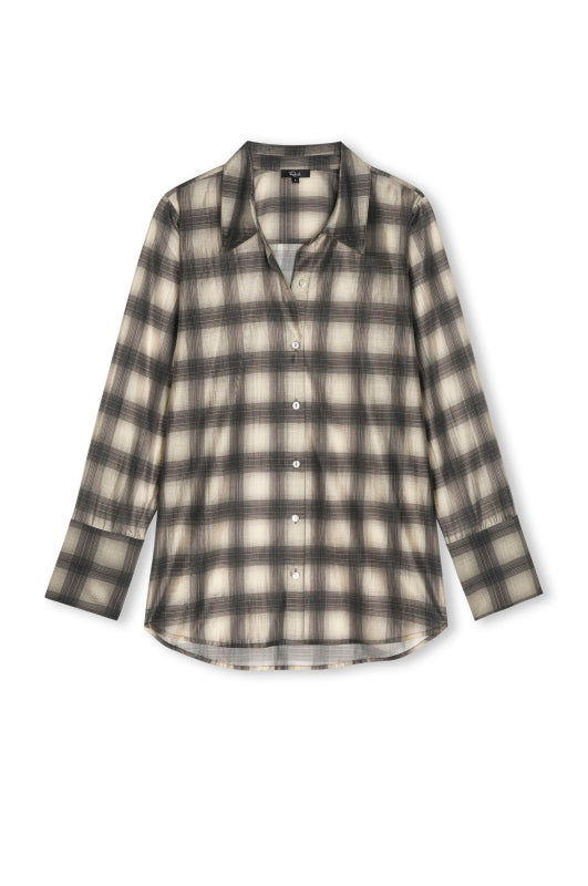 A long-sleeve button-up shirt with a soft, slightly sheer plaid pattern in beige and dark gray, shown against a plain white background.