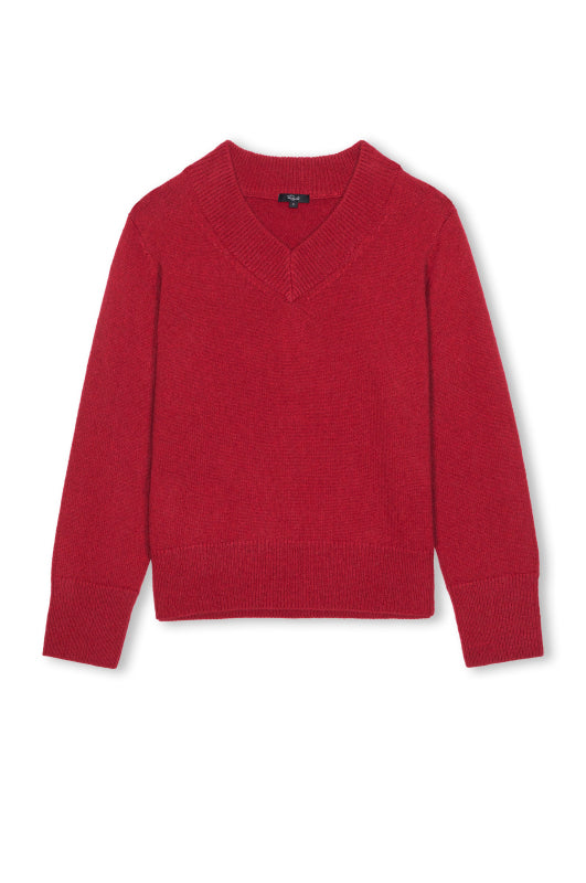 A red v-neck knit sweater with long sleeves, shown flat against a plain white background.