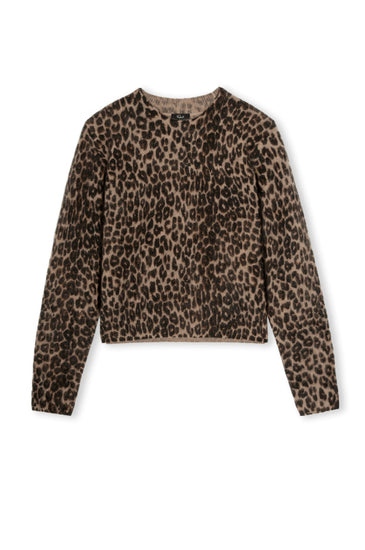 A cropped long-sleeve crewneck sweater with an all-over leopard print pattern in brown, beige, and black, displayed flat against a plain white background.