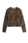 A cropped long-sleeve crewneck sweater with an all-over leopard print pattern in brown, beige, and black, displayed flat against a plain white background.