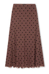 A brown pleated midi skirt with a black polka dot pattern, shown flat against a white background.
