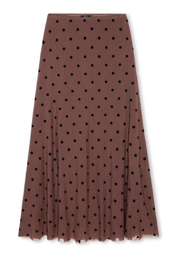 A brown pleated midi skirt with a black polka dot pattern, shown flat against a white background.