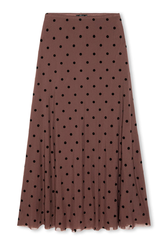 A brown pleated midi skirt with a black polka dot pattern, shown flat against a white background.