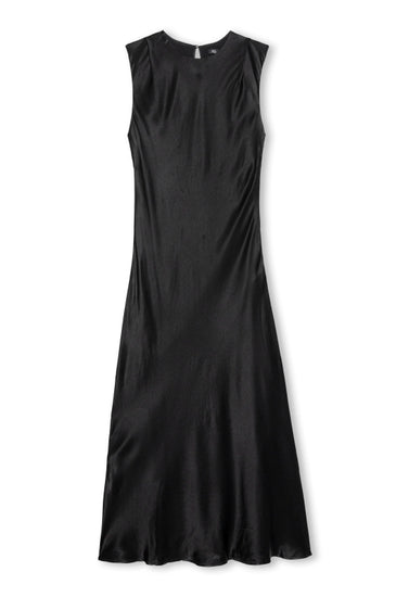 A sleeveless black midi dress with a gathered, ruched bodice and a flared skirt, shown against a plain white background.
