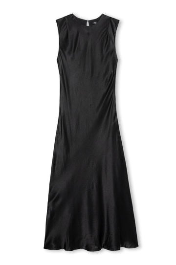 A sleeveless black midi dress with a gathered, ruched bodice and a flared skirt, shown against a plain white background.