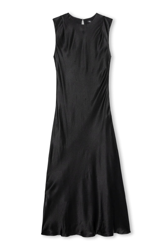A sleeveless black midi dress with a gathered, ruched bodice and a flared skirt, shown against a plain white background.