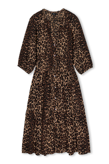 A leopard print midi dress with three-quarter sleeves and a gathered waist, shown against a plain white background.