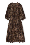 A leopard print midi dress with three-quarter sleeves and a gathered waist, shown against a plain white background.