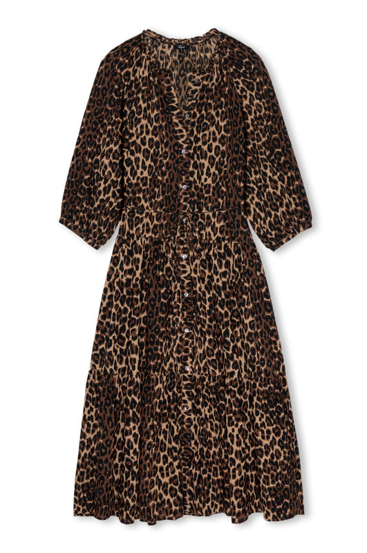 A leopard print midi dress with three-quarter sleeves and a gathered waist, shown against a plain white background.