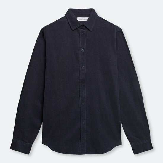 A dark navy blue long-sleeve button-up shirt with a classic collar, laid flat against a light gray background.
