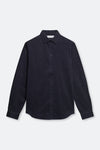 A dark navy blue long-sleeve button-up shirt with a classic collar, laid flat against a light gray background.