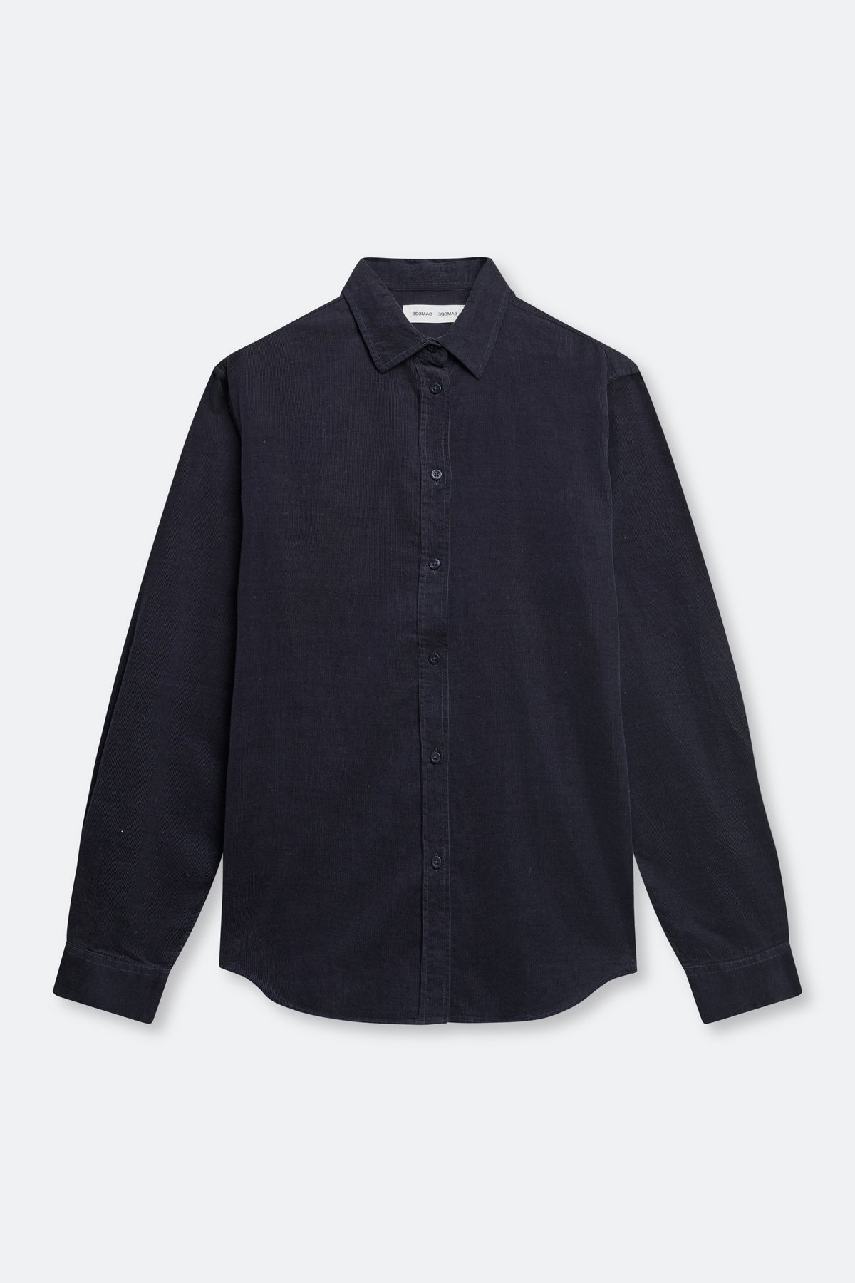 A dark navy blue long-sleeve button-up shirt with a classic collar, laid flat against a light gray background.
