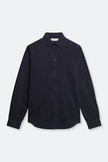 A dark navy blue long-sleeve button-up shirt with a classic collar, laid flat against a light gray background.
