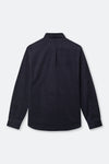 A dark navy blue long-sleeve button-up shirt shown from the back, featuring a subtle vertical pleat down the center back and buttoned cuffs, displayed on a light gray background.