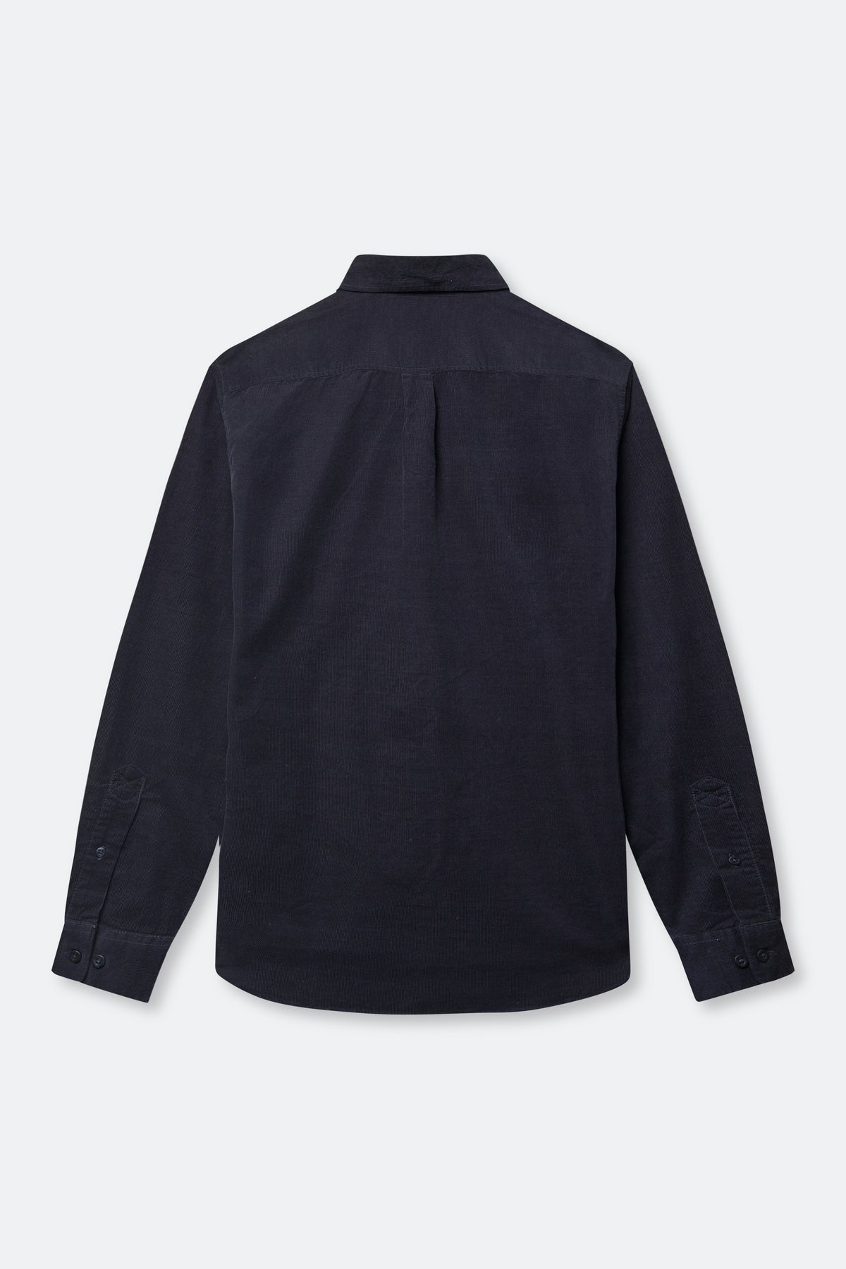 A dark navy blue long-sleeve button-up shirt shown from the back, featuring a subtle vertical pleat down the center back and buttoned cuffs, displayed on a light gray background.