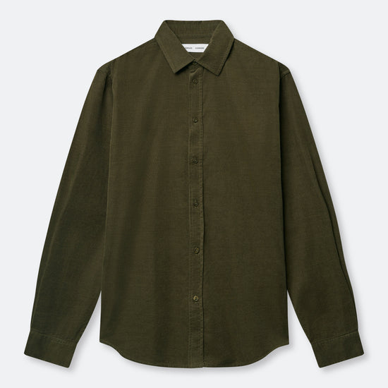 An olive green long-sleeve button-up shirt with a classic collar, laid flat against a light gray background.