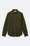 An olive green long-sleeve button-up shirt with a classic collar, laid flat against a light gray background.