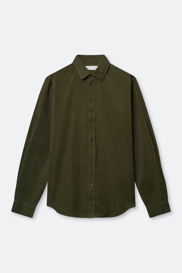 An olive green long-sleeve button-up shirt with a classic collar, laid flat against a light gray background.