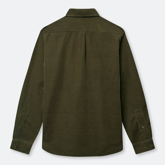 Rear view of a green cord shirt on a white background