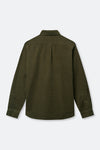 Rear view of a green cord shirt on a white background