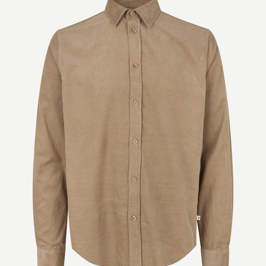 A tan long-sleeve button-down shirt with a classic collar, displayed on a clean, light gray background.