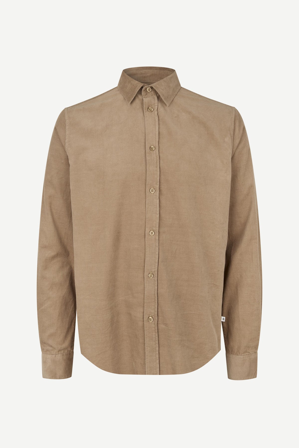 A tan long-sleeve button-down shirt with a classic collar, displayed on a clean, light gray background.