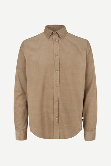 A tan long-sleeve button-down shirt with a classic collar, displayed on a clean, light gray background.