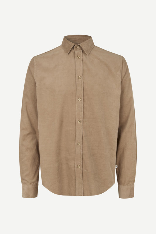 A tan long-sleeve button-down shirt with a classic collar, displayed on a clean, light gray background.