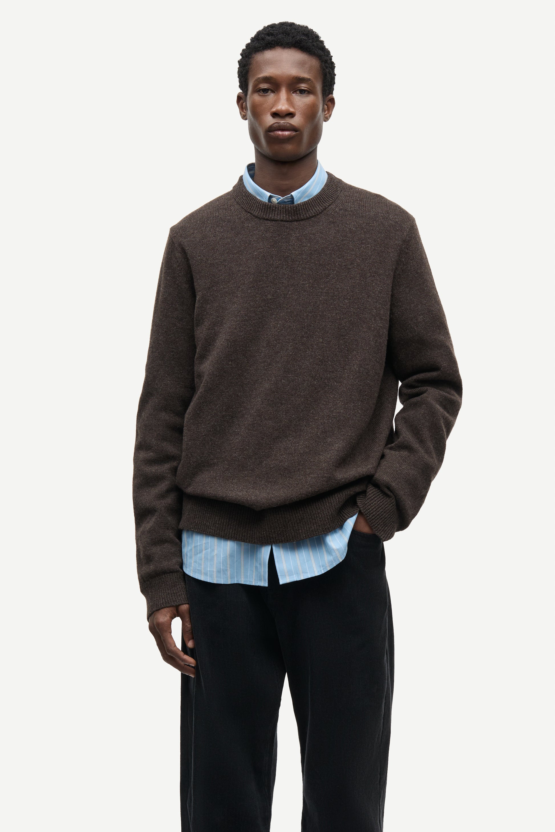 A male model wearing a dark brown crewneck sweater over a light blue striped button-down shirt and black trousers, photographed against a clean off-white studio background.