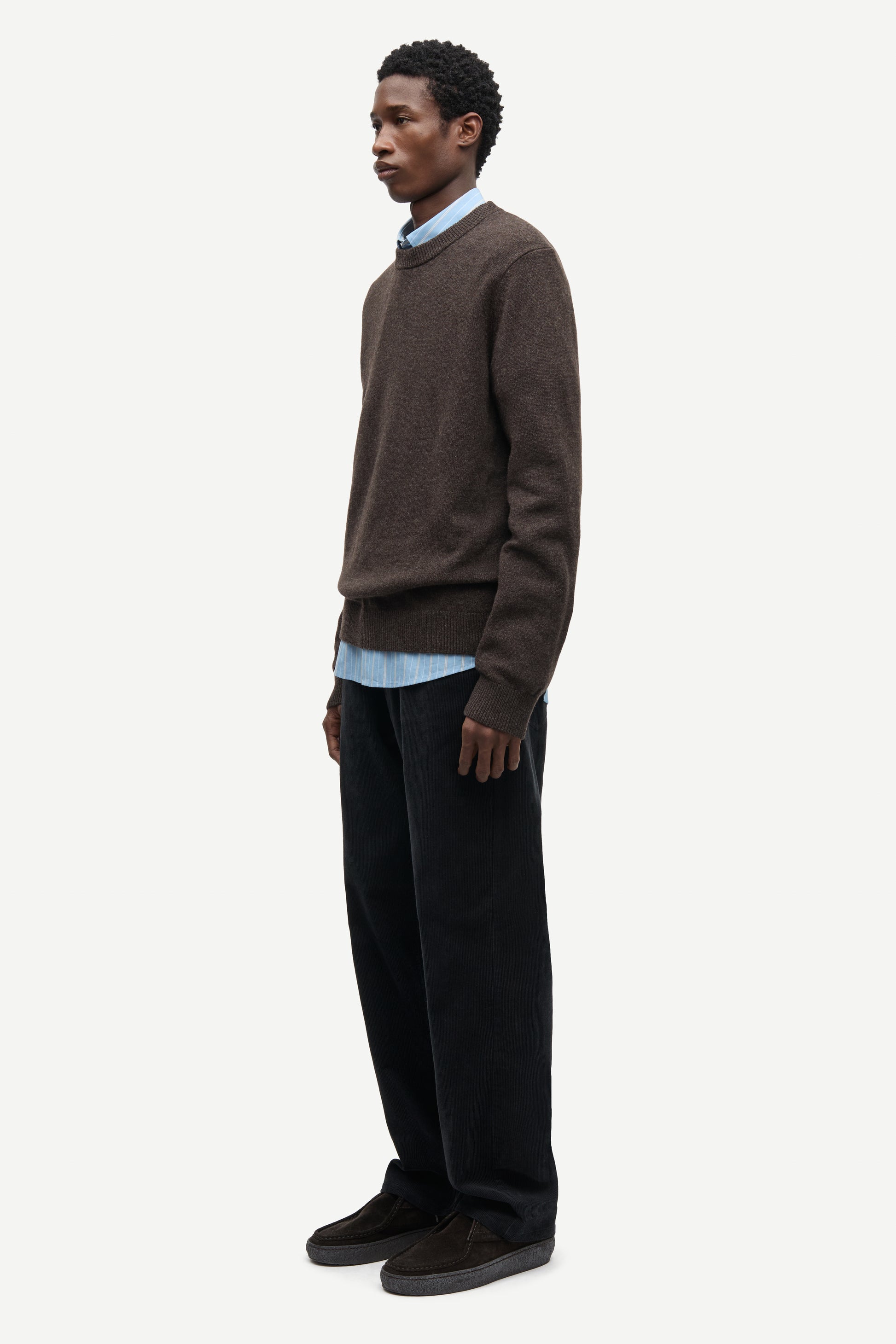 A man wearing a brown knit sweater over a light blue collared shirt, paired with dark trousers and dark loafers, standing in profile against a plain light gray studio background.