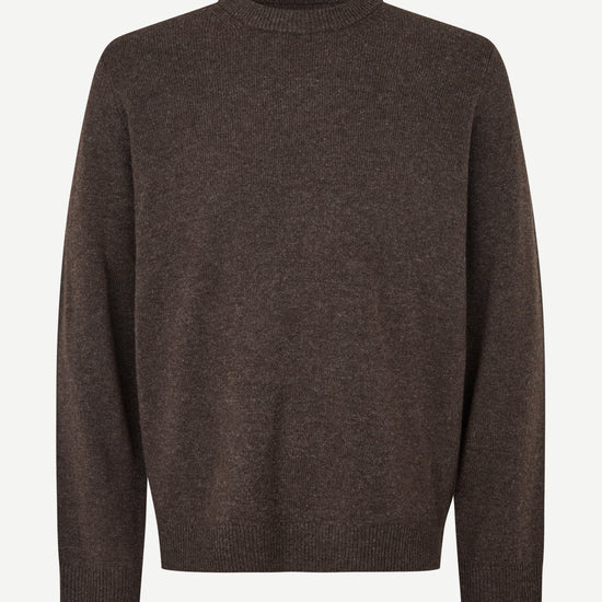 A dark brown long-sleeve knit sweater with a crew neck, displayed on a clean white background.