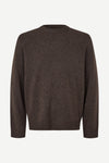 A dark brown long-sleeve knit sweater with a crew neck, displayed on a clean white background.