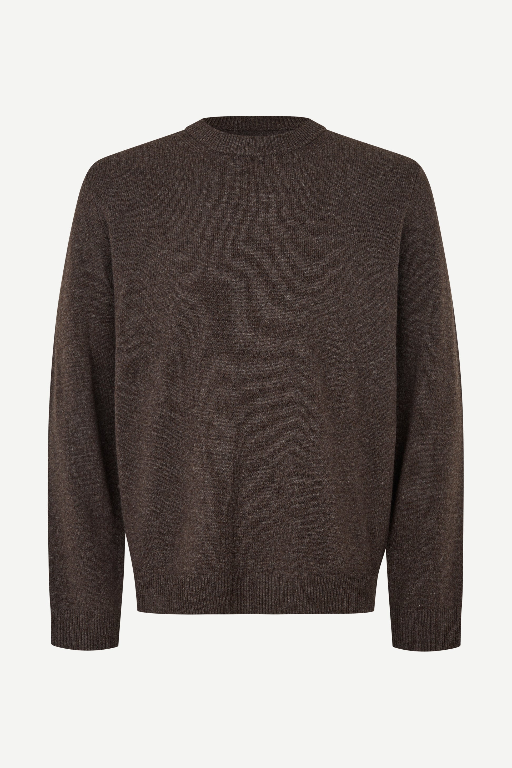 A dark brown long-sleeve knit sweater with a crew neck, displayed on a clean white background.
