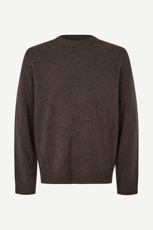 A dark brown long-sleeve knit sweater with a crew neck, displayed on a clean white background.