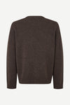 A dark brown knit sweater shown from the back, displayed on a clean, light off-white background.