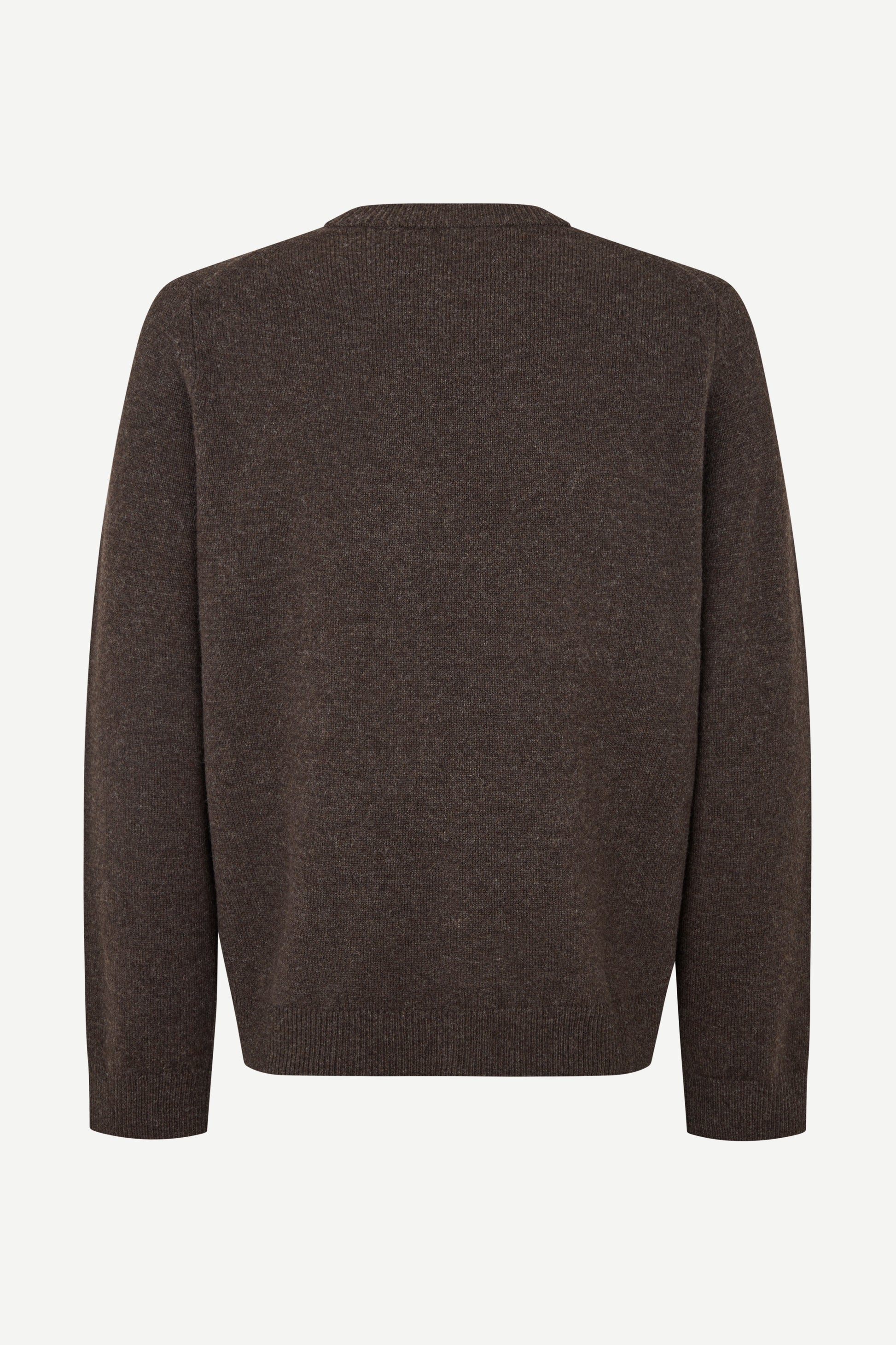 A dark brown knit sweater shown from the back, displayed on a clean, light off-white background.