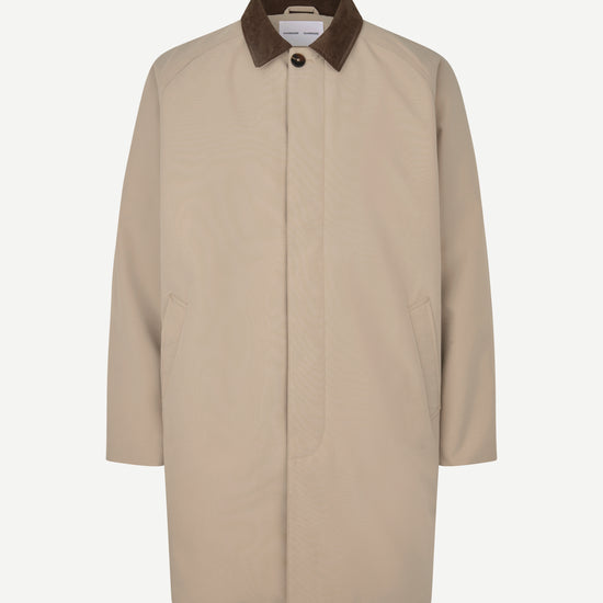 A beige trench coat with a contrasting dark brown corduroy collar, shown against a plain light gray background.