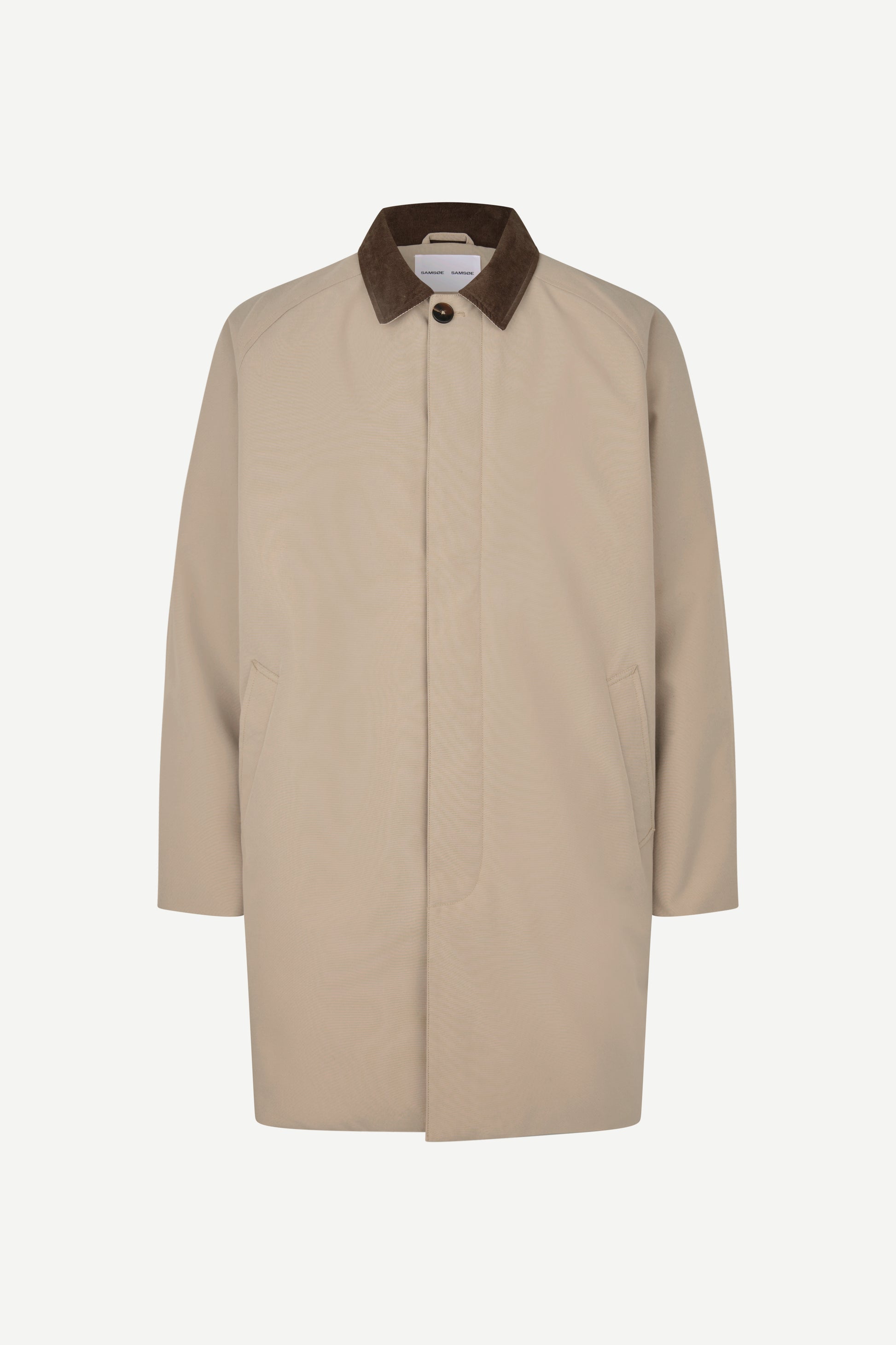 A beige trench coat with a contrasting dark brown corduroy collar, shown against a plain light gray background.