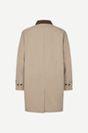 A beige trench coat shown from the back, featuring a dark brown collar and button details on the cuffs, set against a plain light gray background.