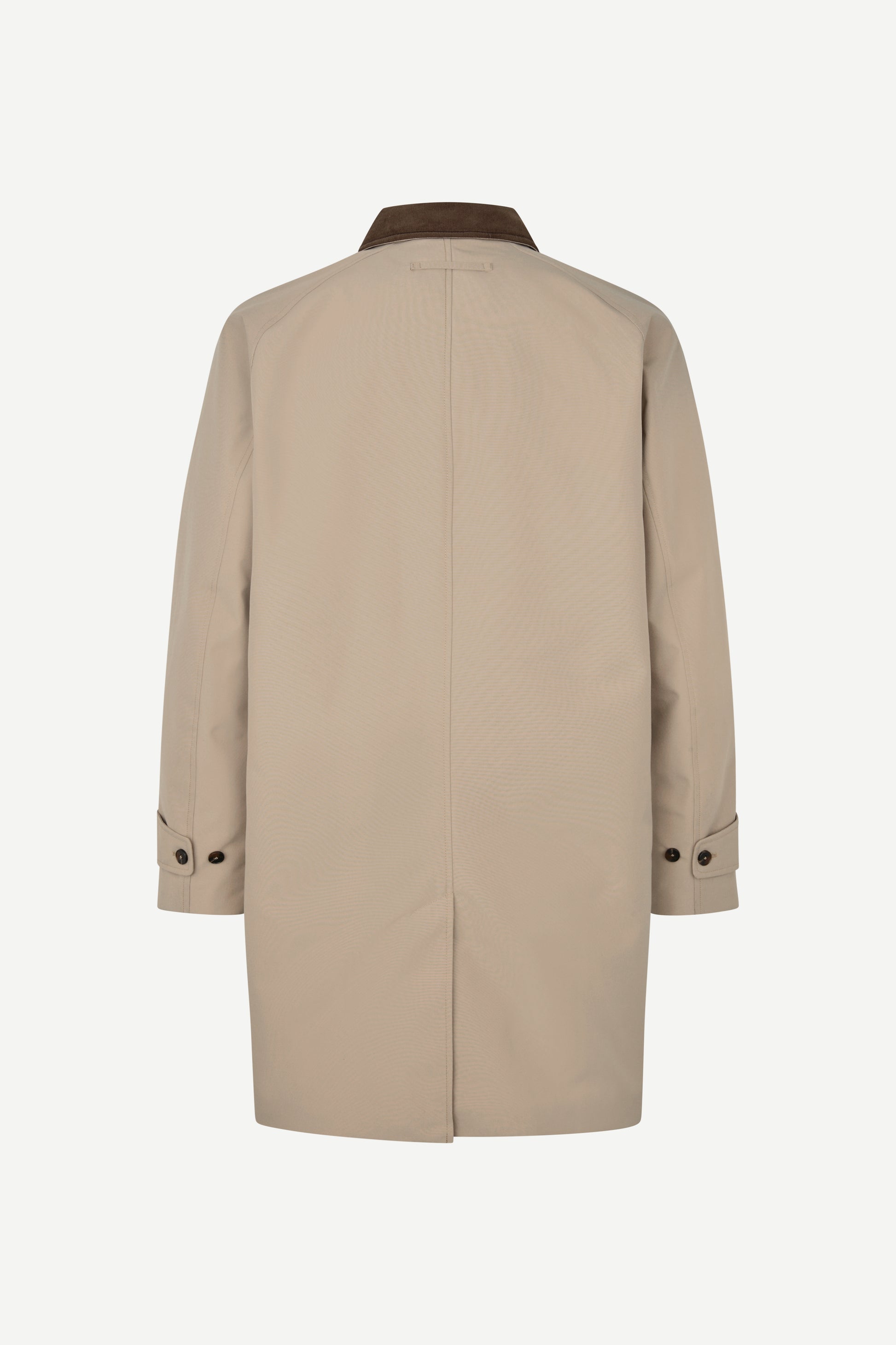 A beige trench coat shown from the back, featuring a dark brown collar and button details on the cuffs, set against a plain light gray background.