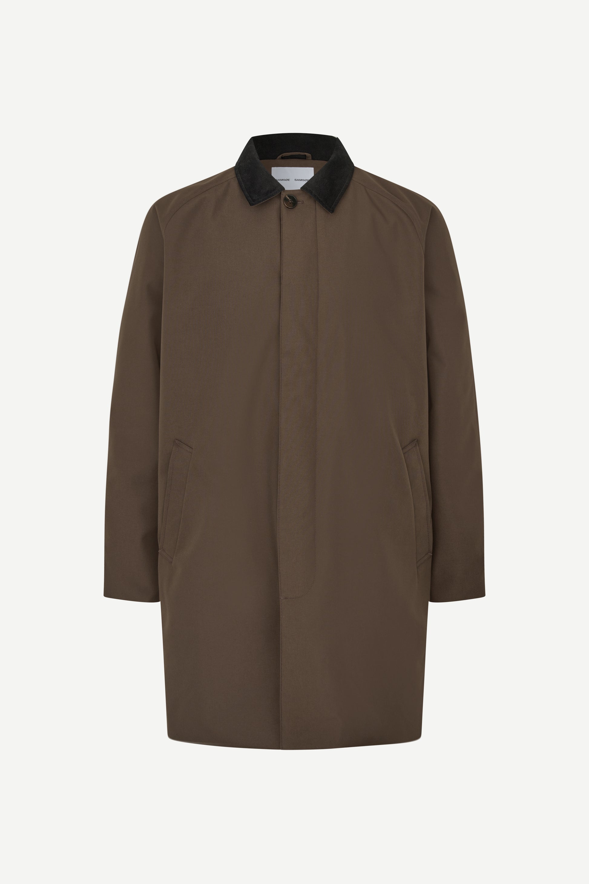 A brown longline utility coat with a contrasting black collar, displayed on a clean white background.