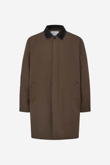 A brown longline utility coat with a contrasting black collar, displayed on a clean white background.