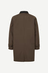 A dark brown longline coat shown from the back, featuring a black collar and button details on the cuffs, set against a plain light gray background.