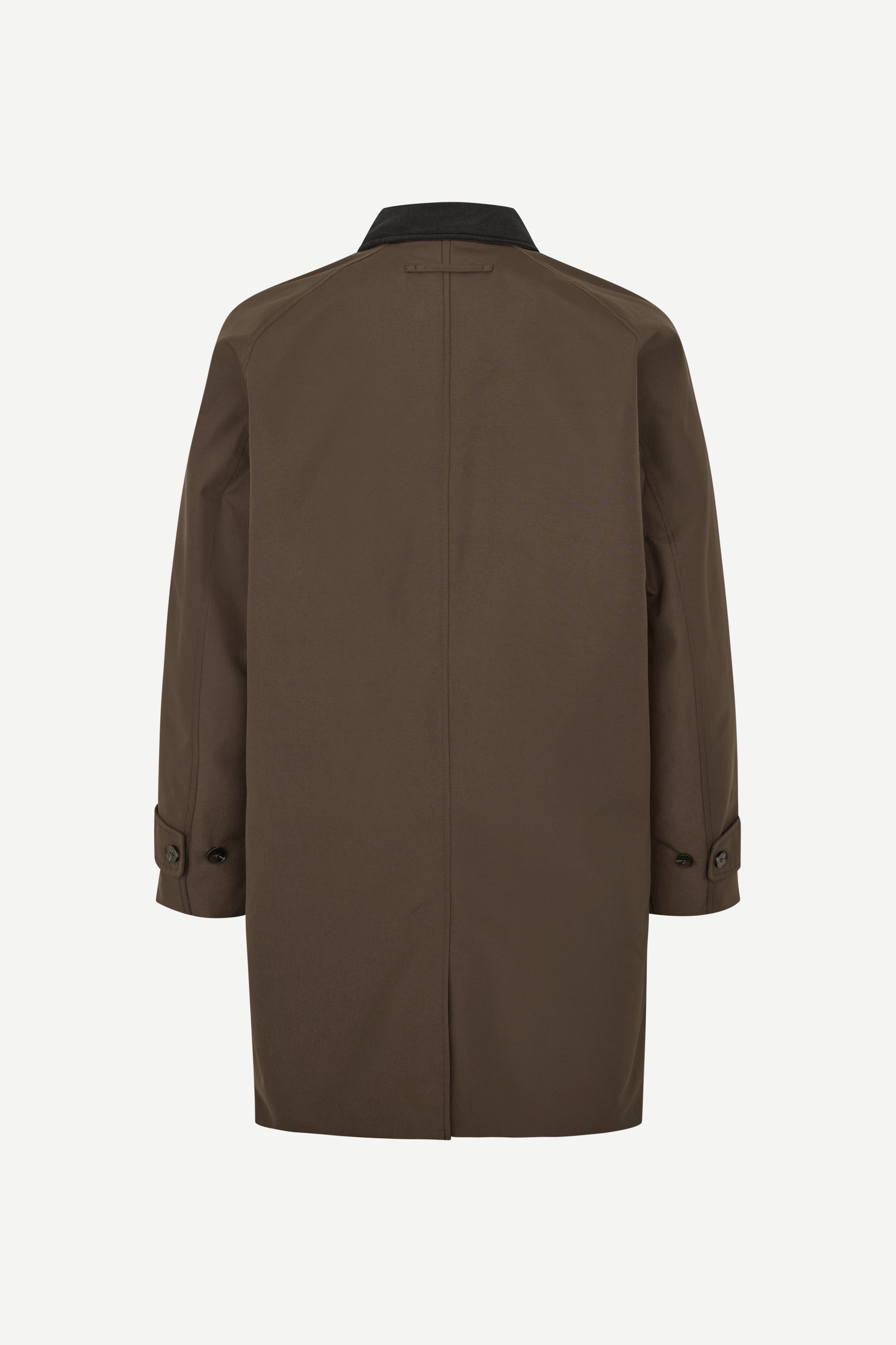 A dark brown longline coat shown from the back, featuring a black collar and button details on the cuffs, set against a plain light gray background.
