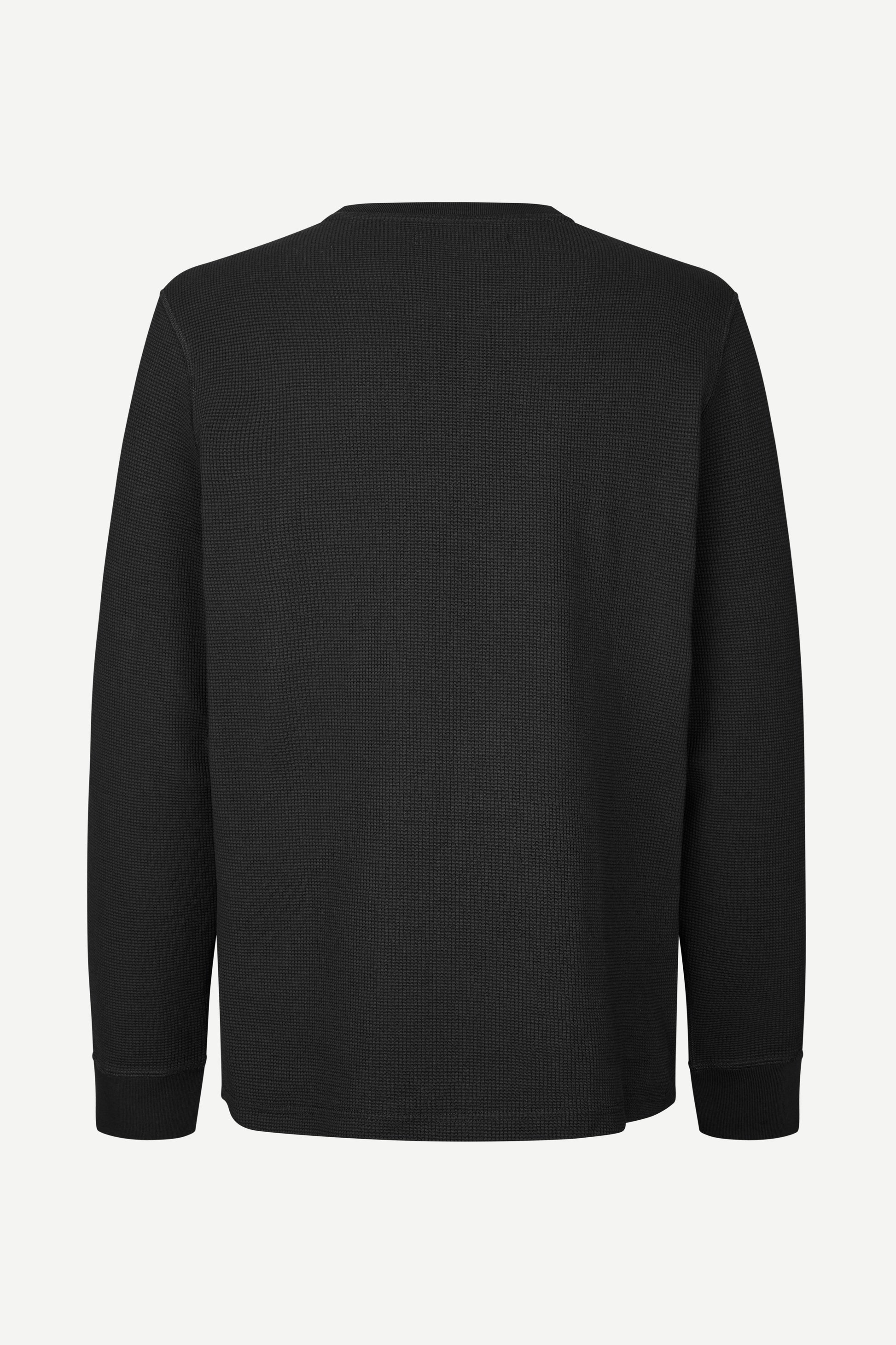 A black long-sleeve crewneck sweatshirt shown from the back, displayed on a clean, light gray background.