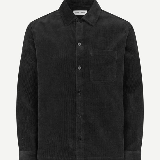 A black long-sleeve button-up shirt jacket with a chest pocket, shown on a clean white background.