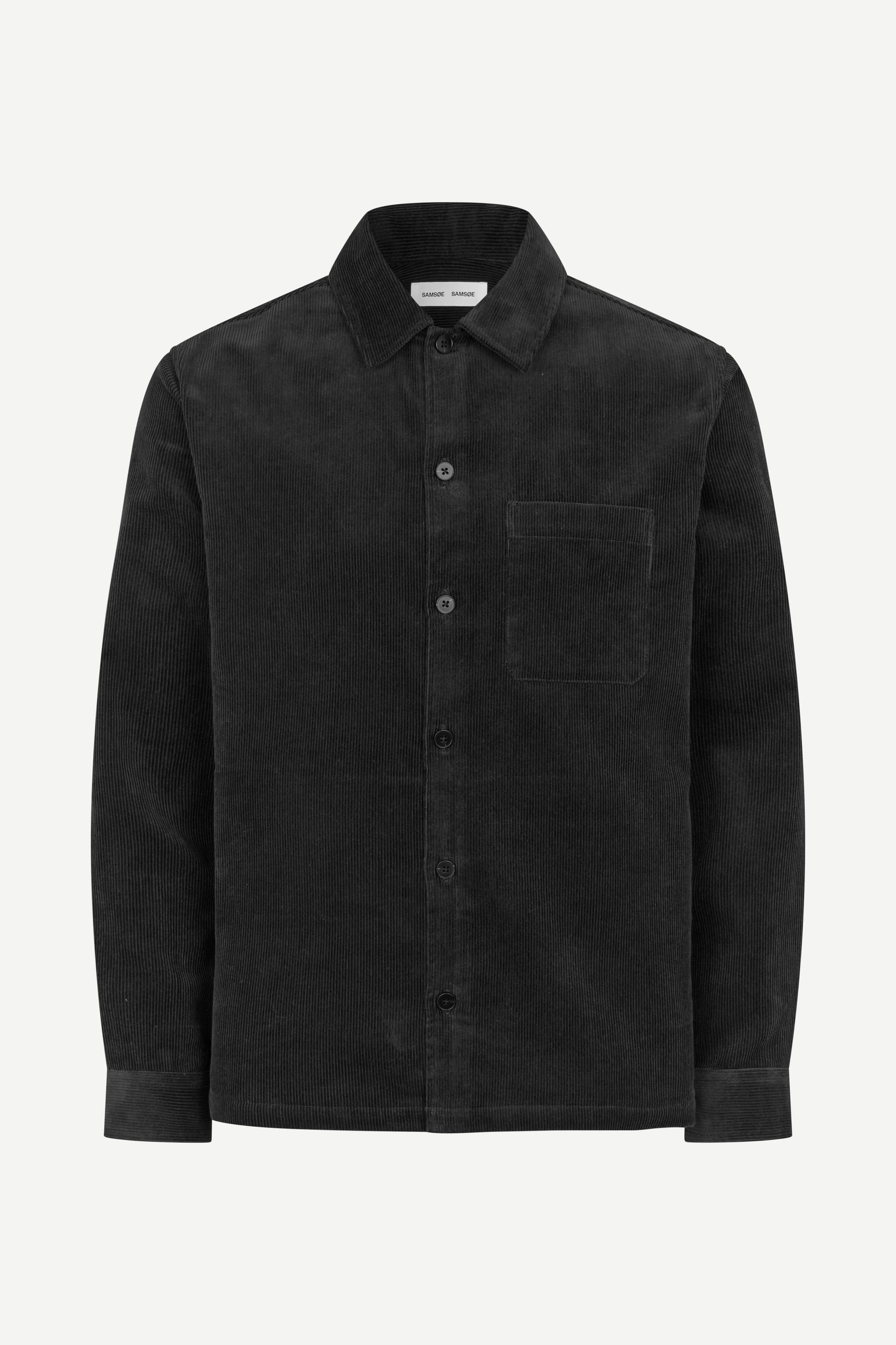 A black long-sleeve button-up shirt jacket with a chest pocket, shown on a clean white background.